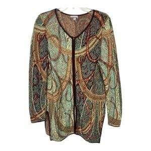 Peruvian Connection Sz Large Zip Cardigan Vibrant Print Brown Blue Pima Cotton